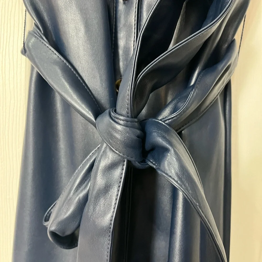 Ann Taylor Navy Faux-Leather Button-Front Midi Dress with Tie Waist - Picture 6 of 8